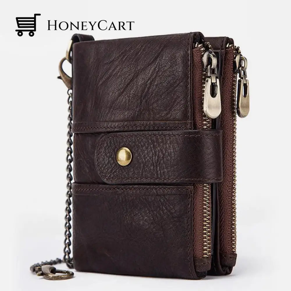 Genuine Leather Anti-Theft Retro Wallet With Chain Brown