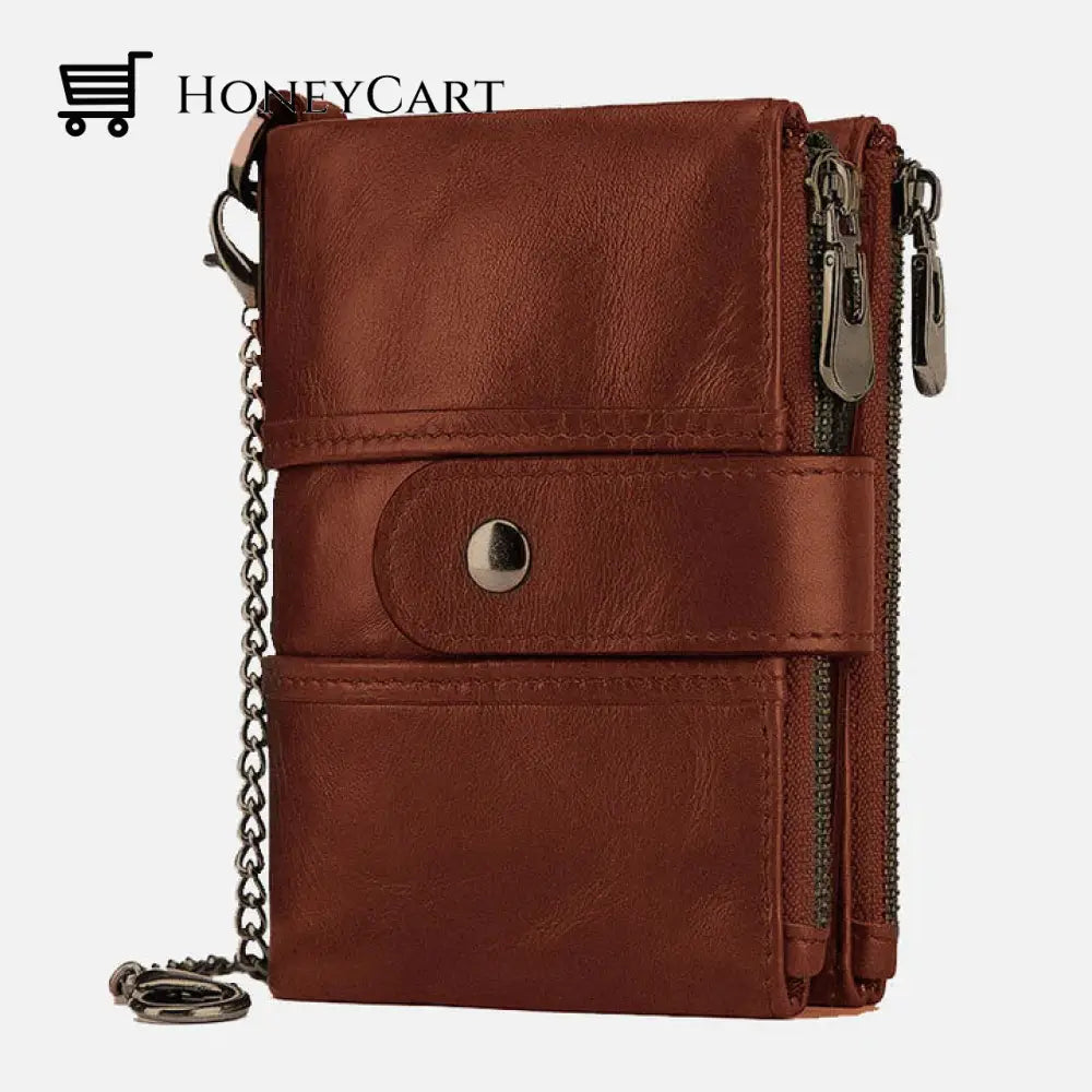 Genuine Leather Anti-Theft Retro Wallet With Chain Maroon