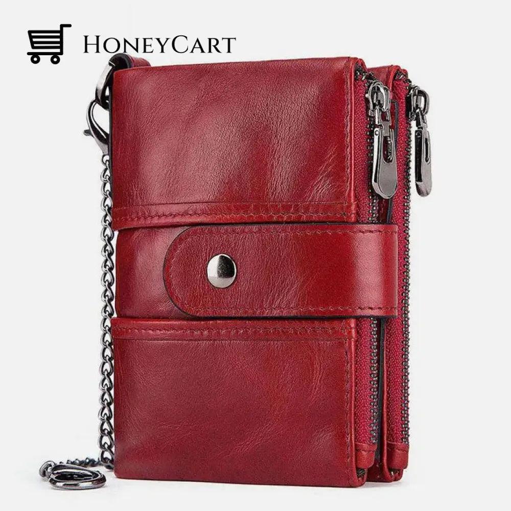 Genuine Leather Anti-Theft Retro Wallet With Chain Red