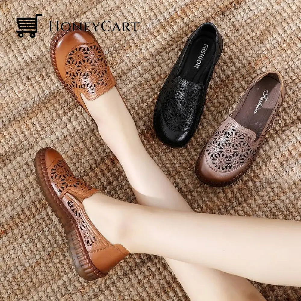 Genuine Leather Round Toe Flats Ladies Shoes For Bunions