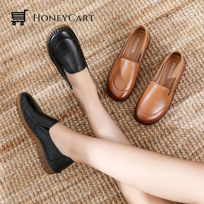 Genuine Leather Round Toe Flats Ladies Shoes For Bunions Black / 5