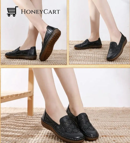 Genuine Leather Round Toe Flats Ladies Shoes For Bunions Black Pattern / 5