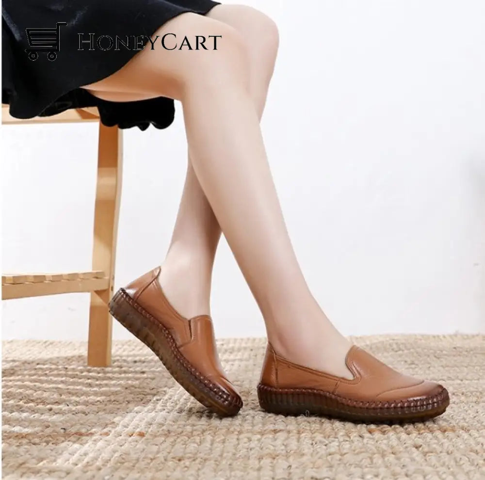 Genuine Leather Round Toe Flats Ladies Shoes For Bunions Brown / 5