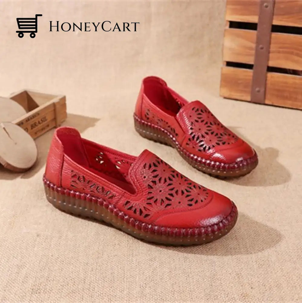 Genuine Leather Round Toe Flats Ladies Shoes For Bunions Red Pattern / 5