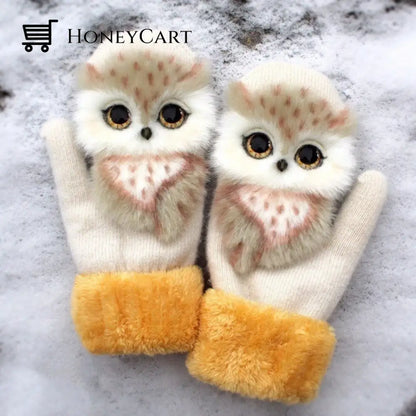 Hand-Knitted Animal Mittens Beige-Bottomed Owl / L (Adult)