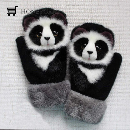 Hand-Knitted Animal Mittens Black Panda / L (Adult)