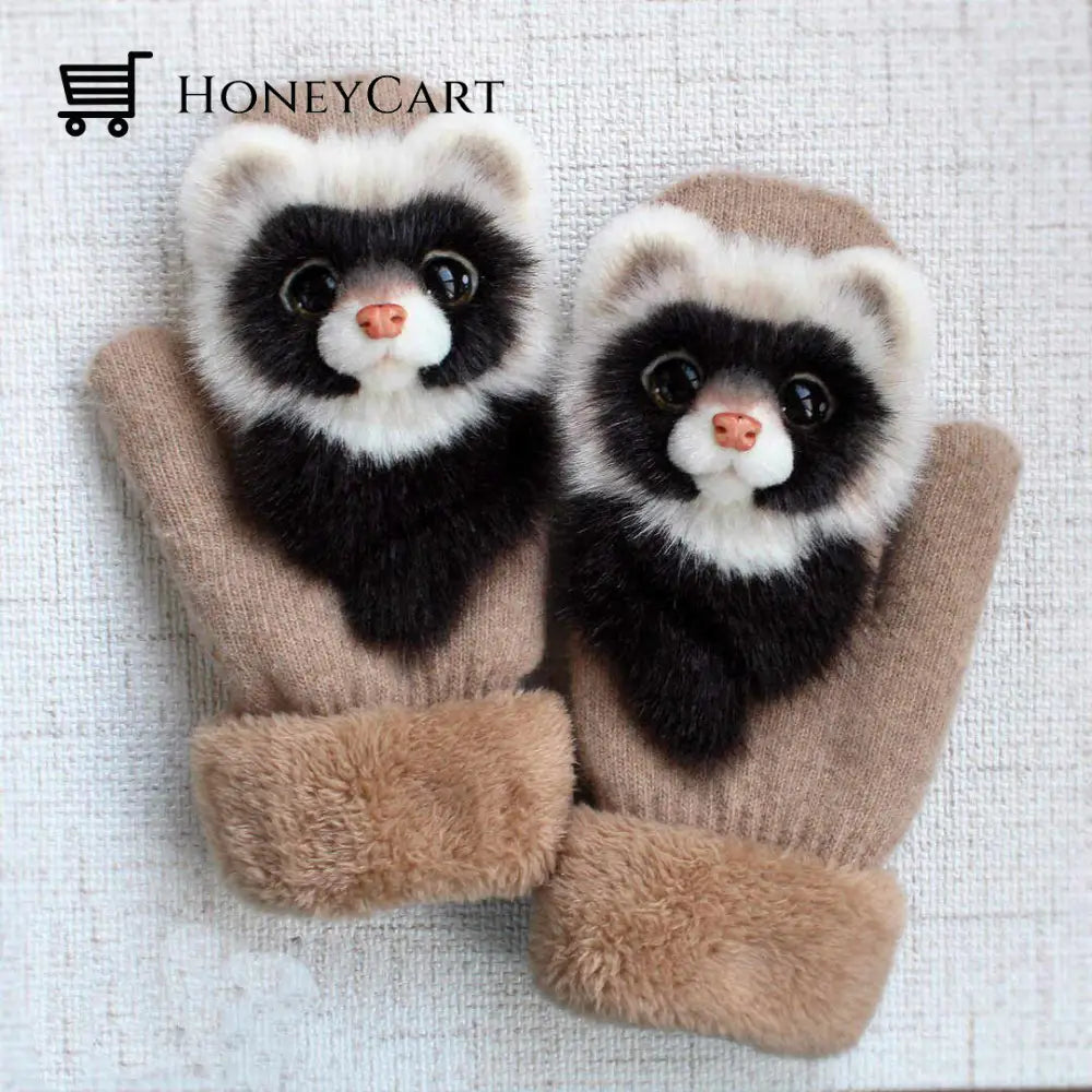 Hand-Knitted Animal Mittens Brown Raccoon / L (Adult)