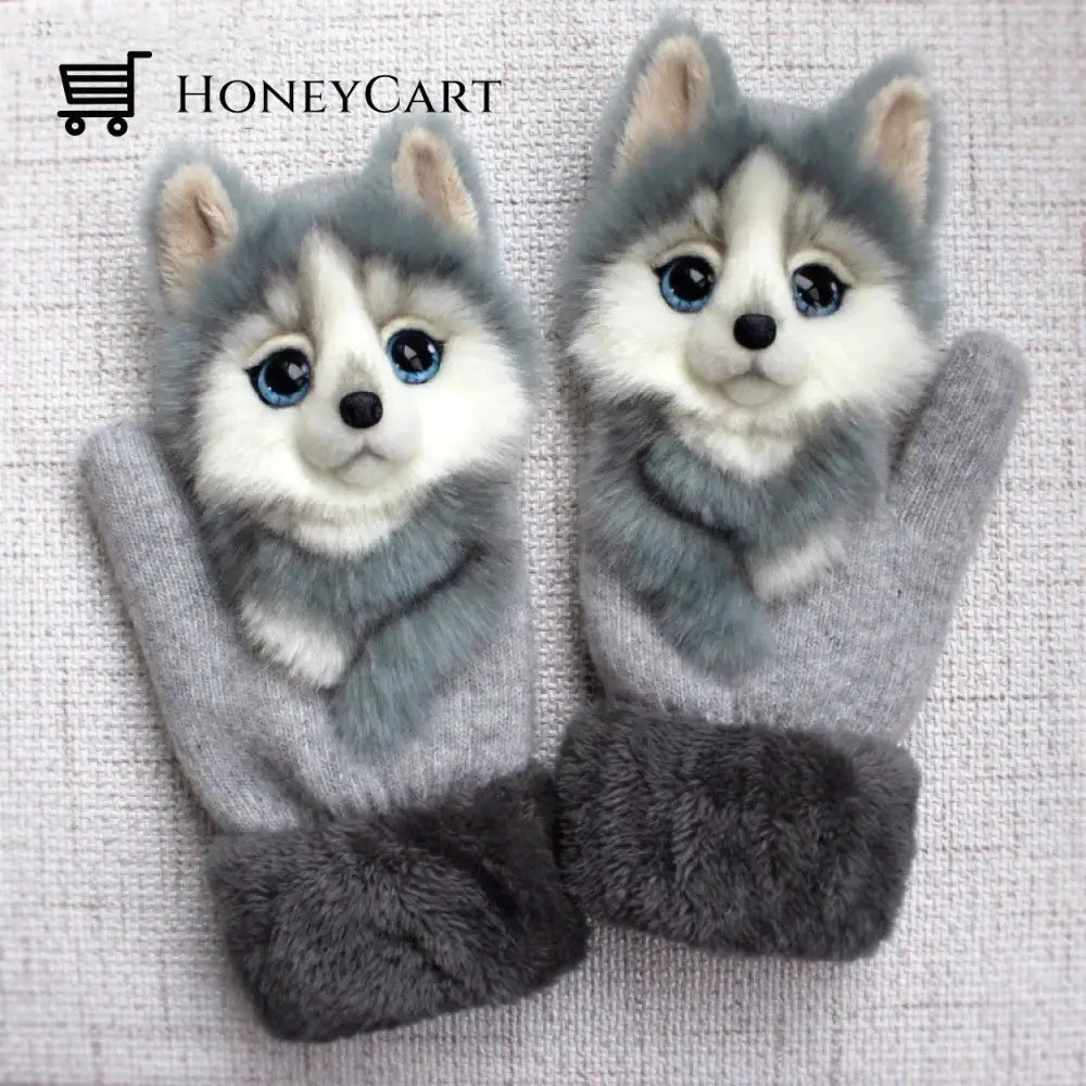 Hand-Knitted Animal Mittens Cute Husky / L (Adult)