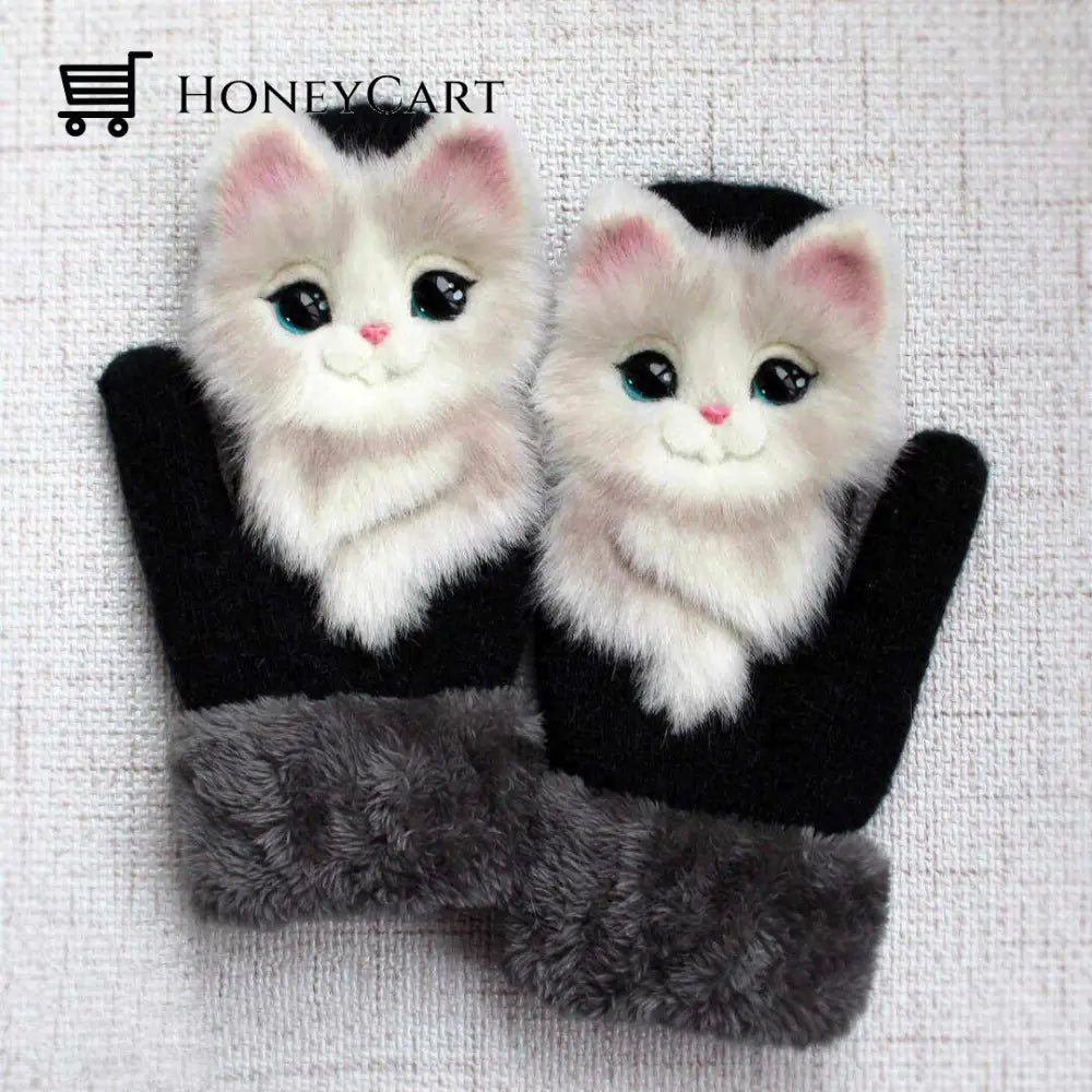 Hand-Knitted Animal Mittens Cute Puppet Cat / L (Adult)