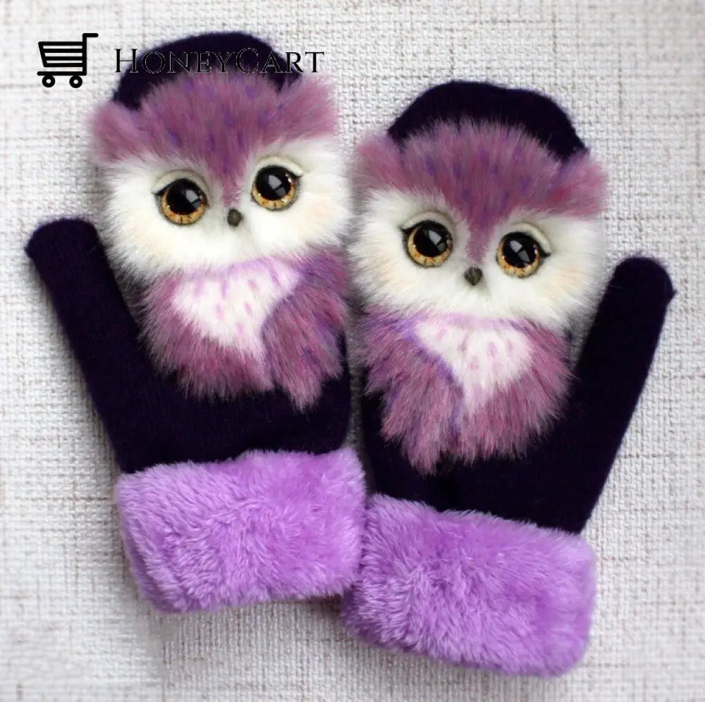 Hand-Knitted Animal Mittens Purple Owl / L (Adult)