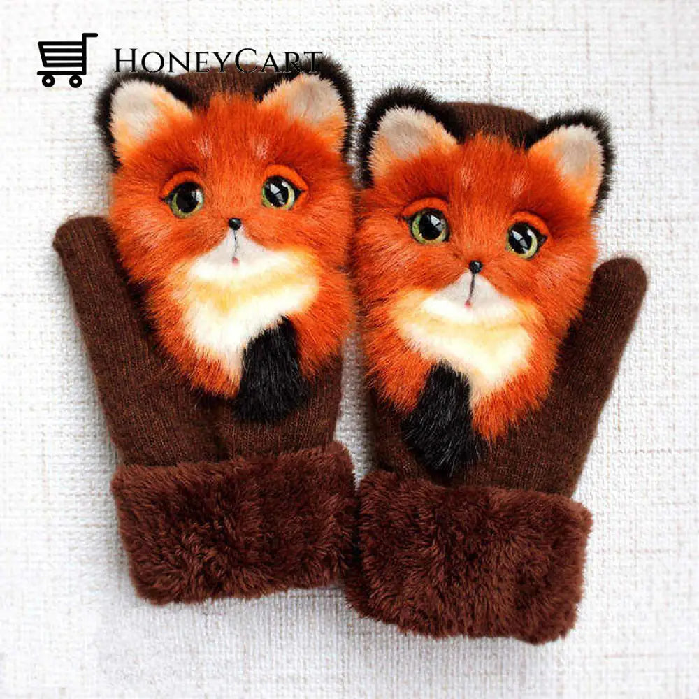 Hand-Knitted Animal Mittens Red Fox / L (Adult)
