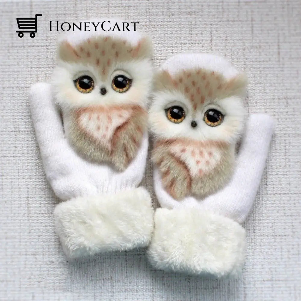 Hand-Knitted Animal Mittens White-Bottomed Owl / L (Adult)
