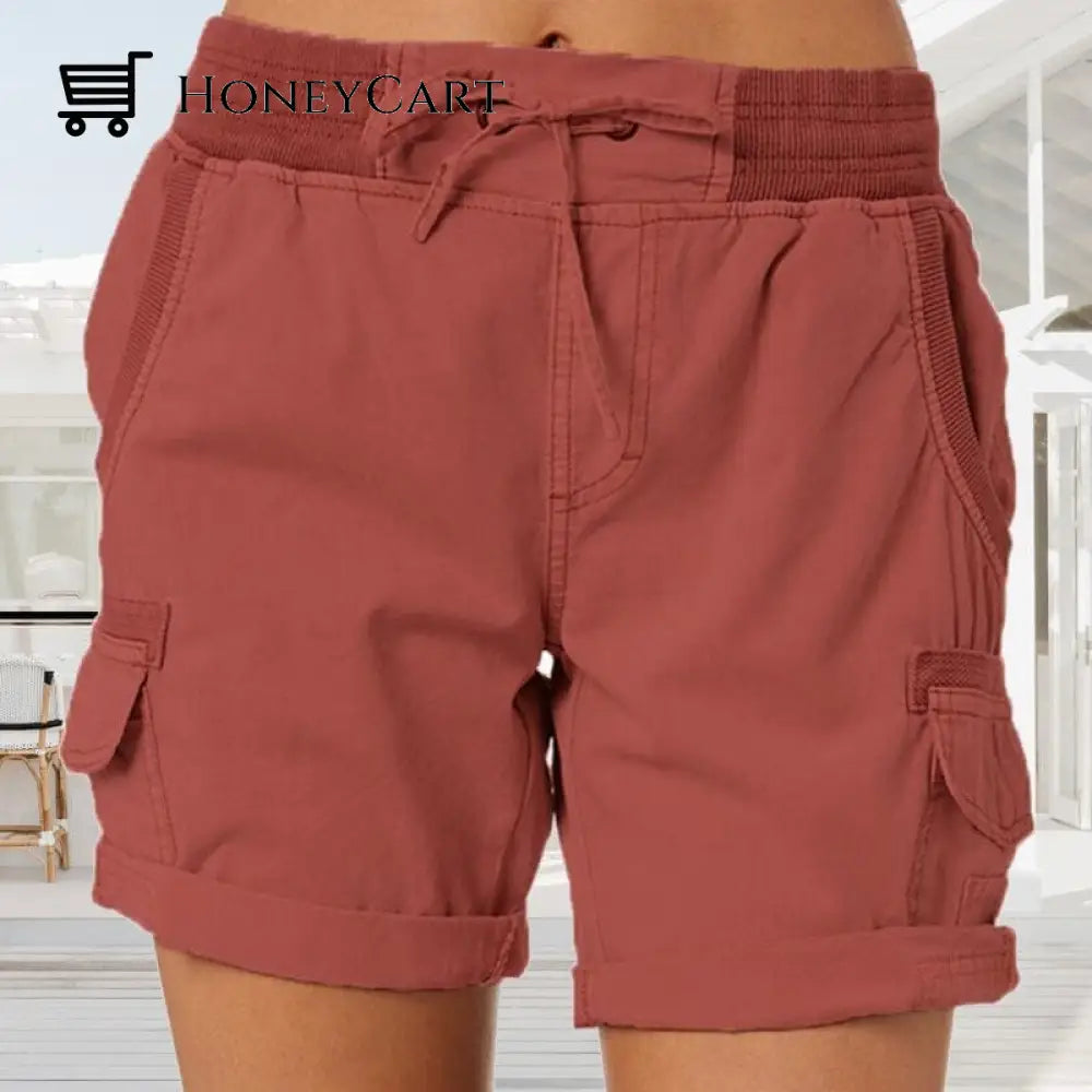 High Waist Ladies Casual Loose Shorts Brick Red / M