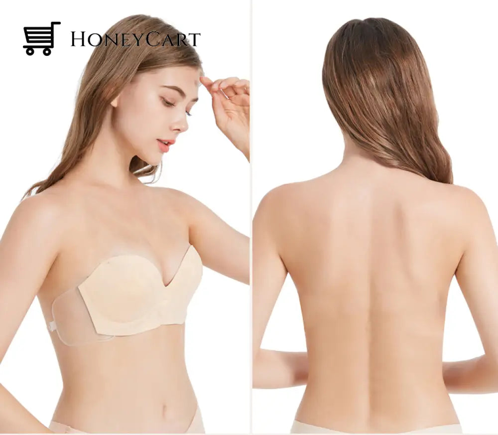 Invisible Bra Transparent Back Strapless With Low Cut Convertible Strap For Backless Dress Beige / S