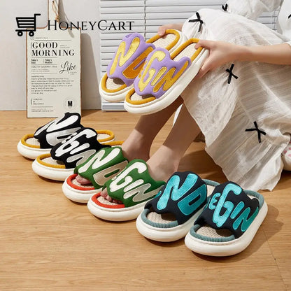 Irregular-Letter Print Linen Slipper