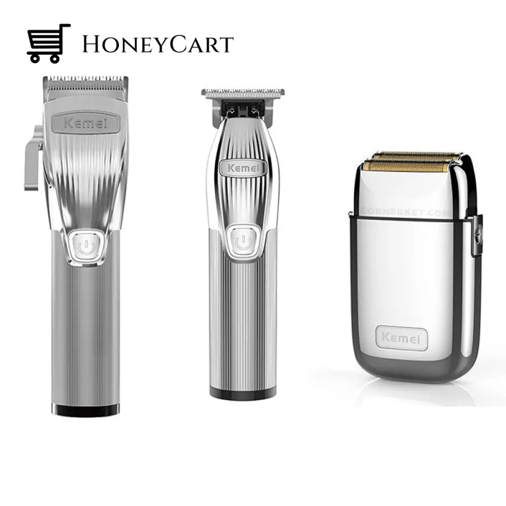 Kemei Pro Barber Golden Hair Clippers Kit Silver & Trimmers