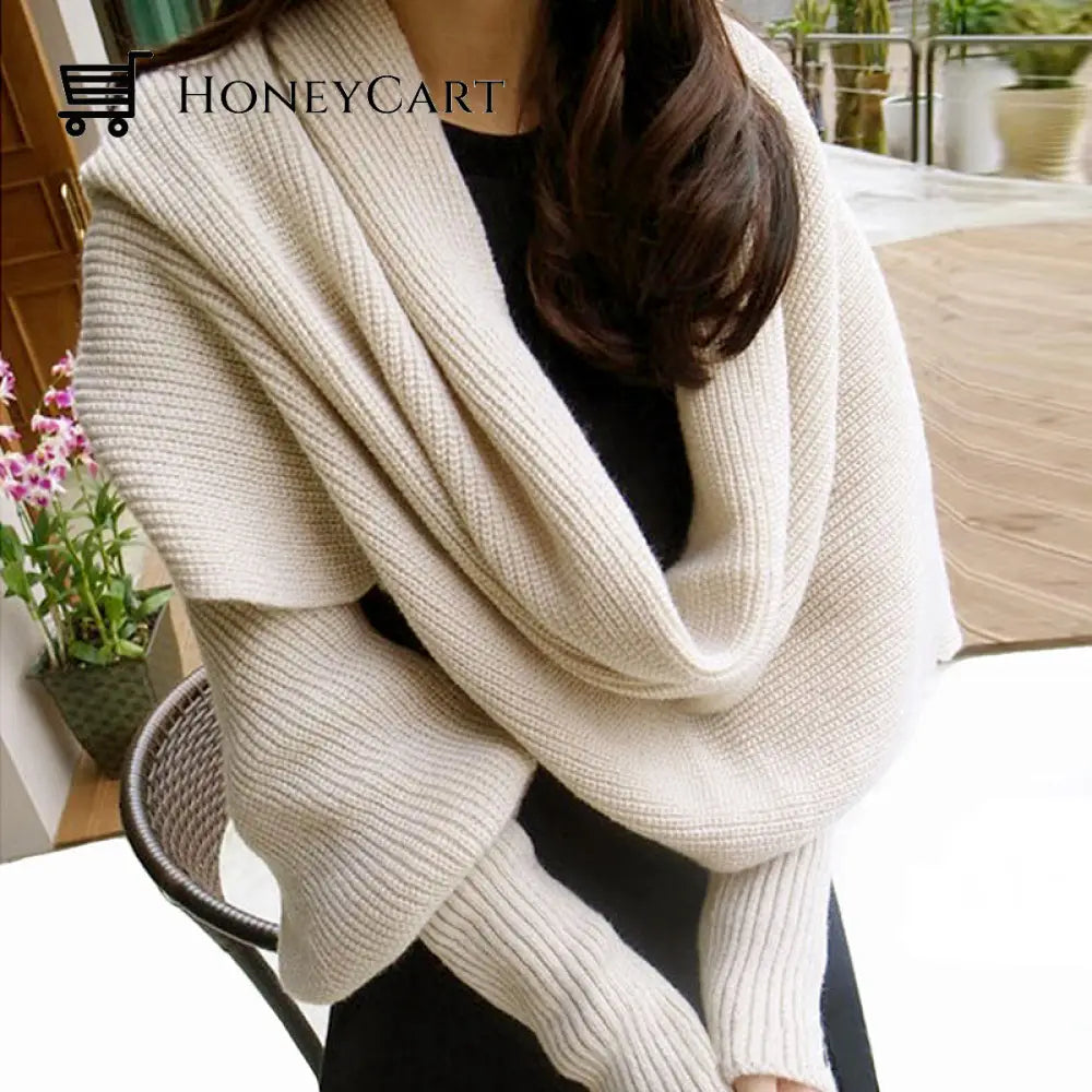 Knitted Wrap Scarf With Sleeves Beige Tool