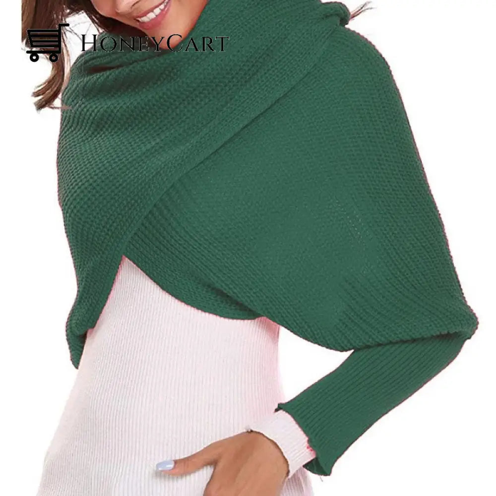 Knitted Wrap Scarf With Sleeves Green Tool