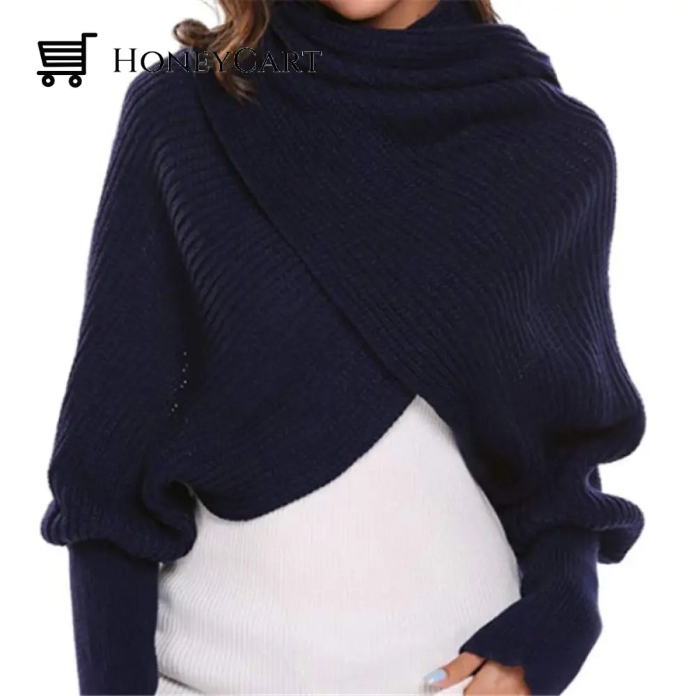 Knitted Wrap Scarf With Sleeves Navy Blue Tool