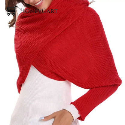 Knitted Wrap Scarf With Sleeves Red Tool
