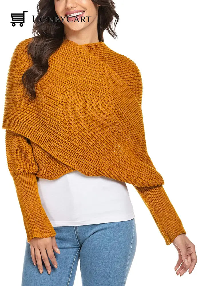 Knitted Wrap Scarf With Sleeves Yellow Tool