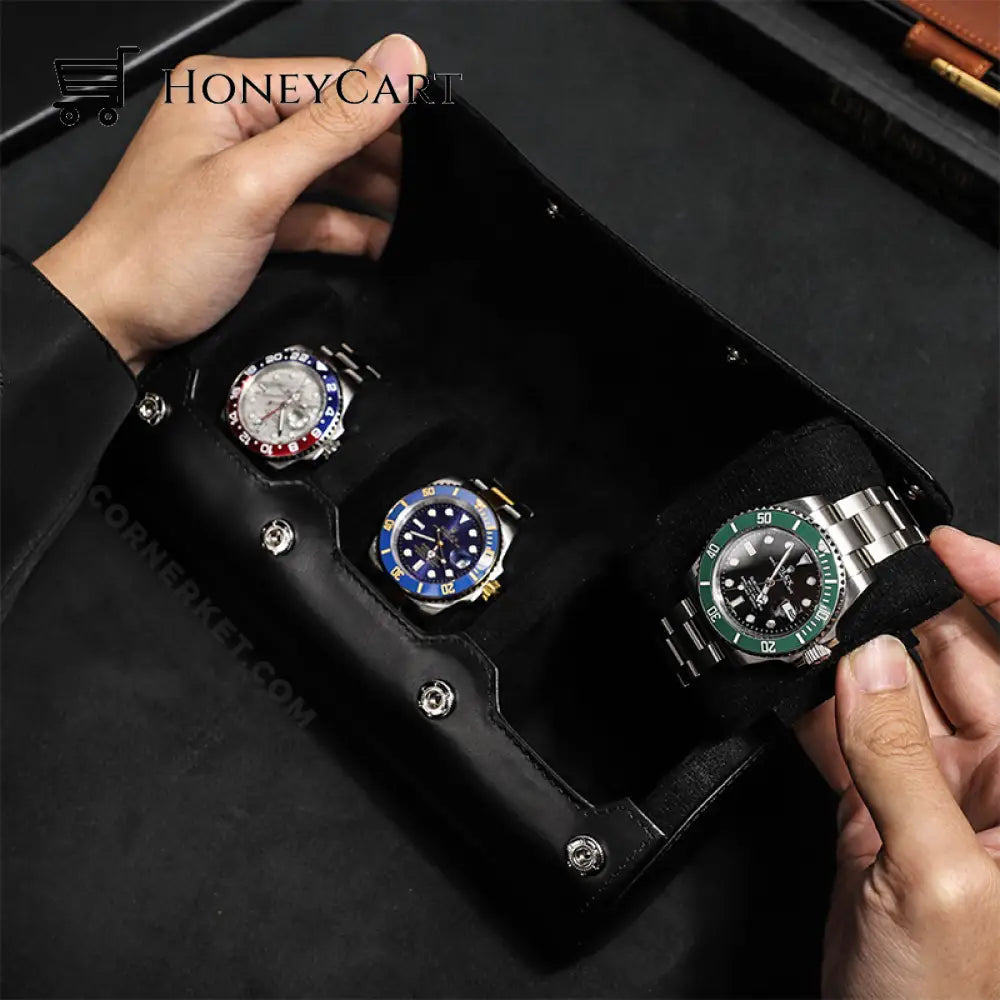 Lambr Watches Luxury Leather Organizer Roll Box Black 3 Slots Watch Accessories