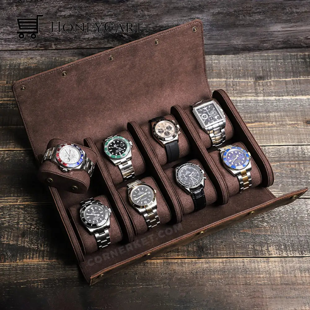 Lambr Watches Luxury Leather Organizer Roll Box Coffee 8 Slots Watch Accessories