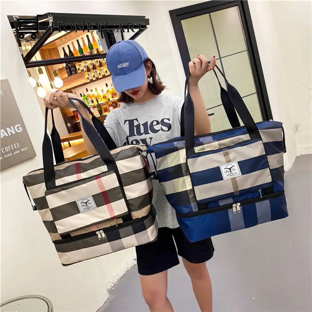 Large Ladies Weekender Nylon Striped Travel Bag Tote With Zip Pocket