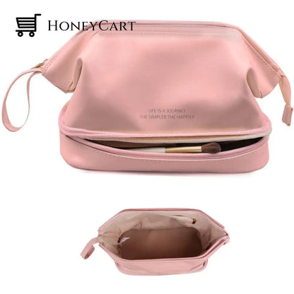 Leather Cosmetic Bag With Handle And Divider Double Layer / Pink