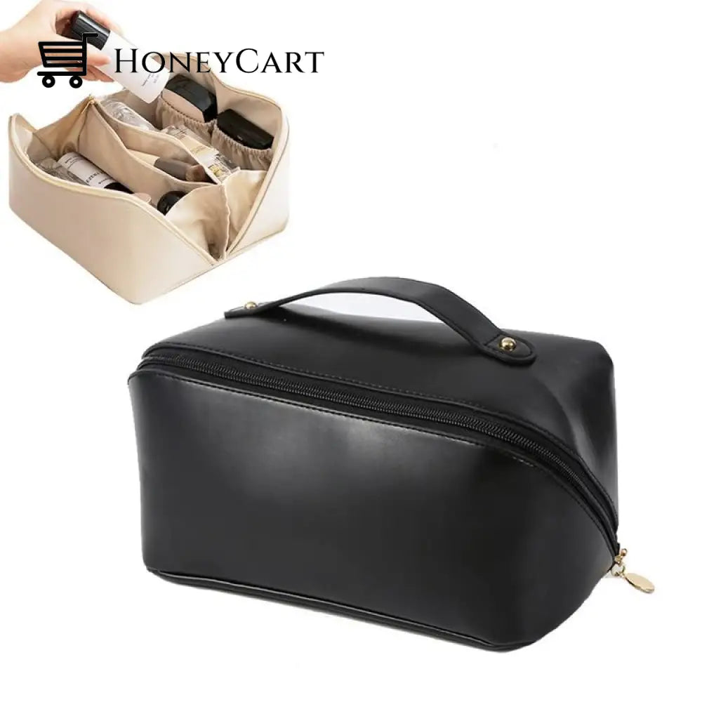Leather Cosmetic Bag With Handle And Divider Single Layer / Black