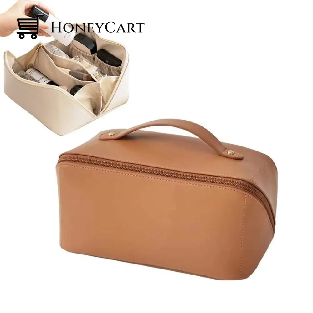 Leather Cosmetic Bag With Handle And Divider Single Layer / Brown