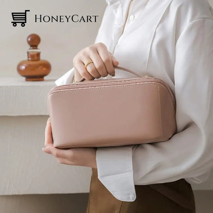 Leather Cosmetic Bag With Handle And Divider Single Layer / Pink