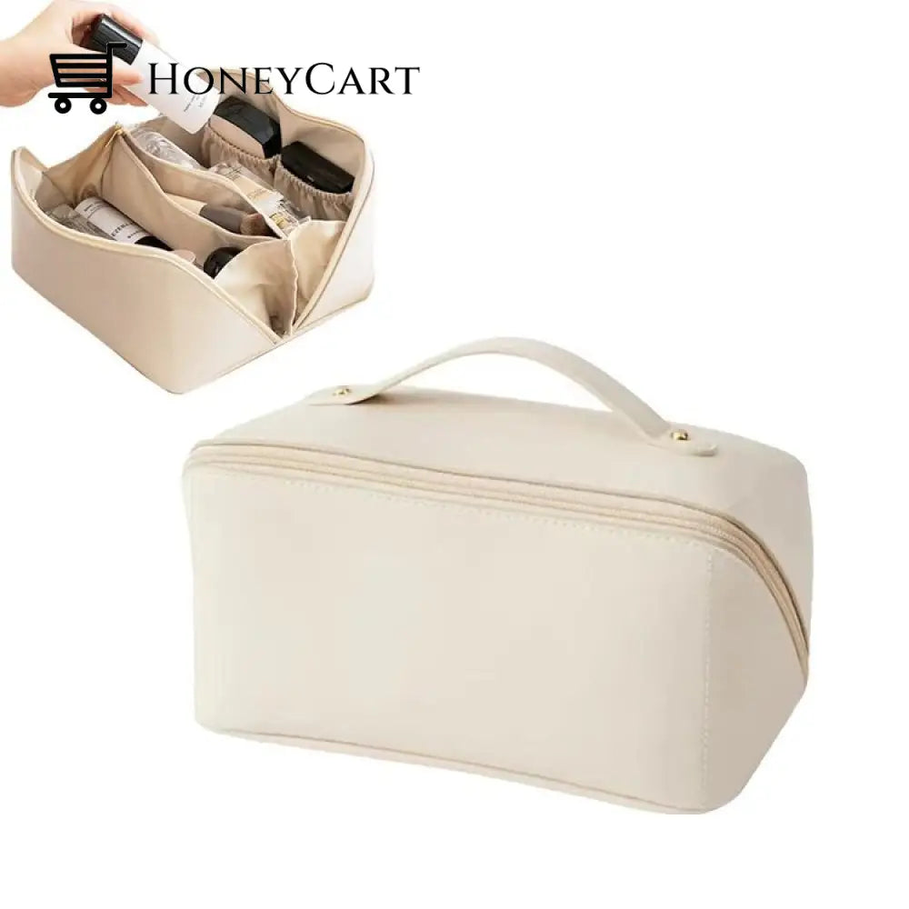 Leather Cosmetic Bag With Handle And Divider Single Layer / White