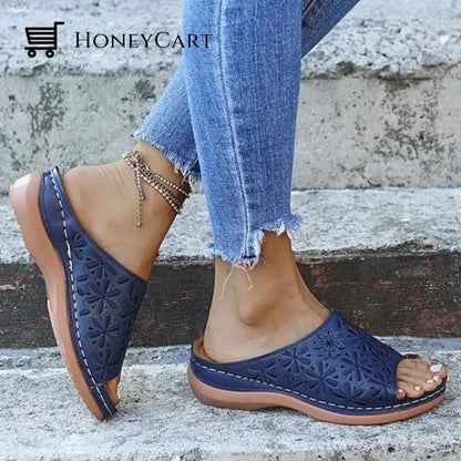 Leather Embroidery Womens Outdoor Sandals Blue / 36 Ltt-Shoes