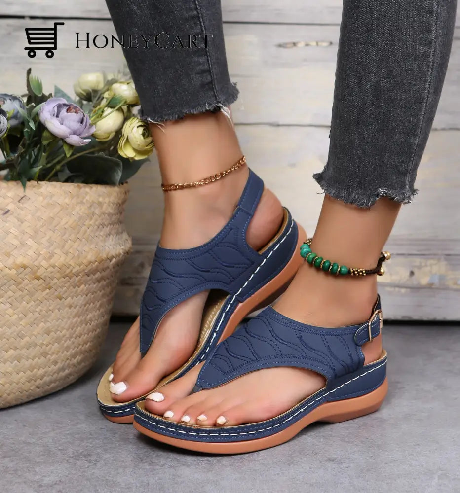 Leather Orthopedic Arch Support Sandals Diabetic Walking Blue / 35