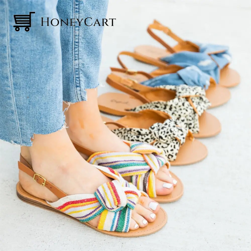 Leopard Print Bowknot Flat Heel Sandals For Women