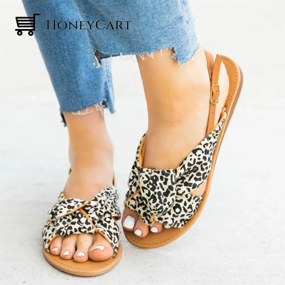 Leopard Print Bowknot Flat Heel Sandals For Women
