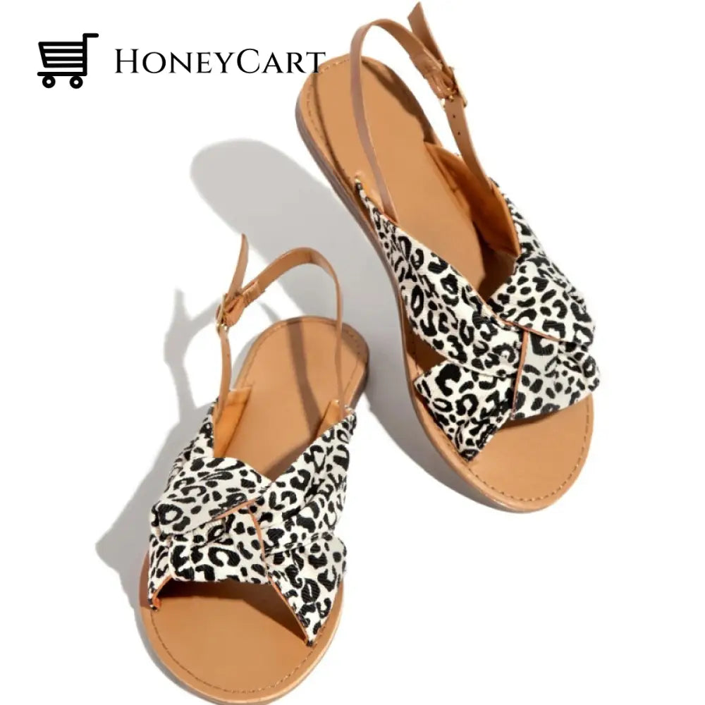 Leopard Print Bowknot Flat Heel Sandals For Women 4.5 /