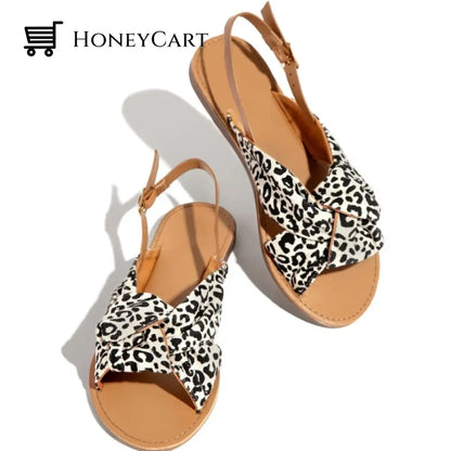 Leopard Print Bowknot Flat Heel Sandals For Women 4.5 /
