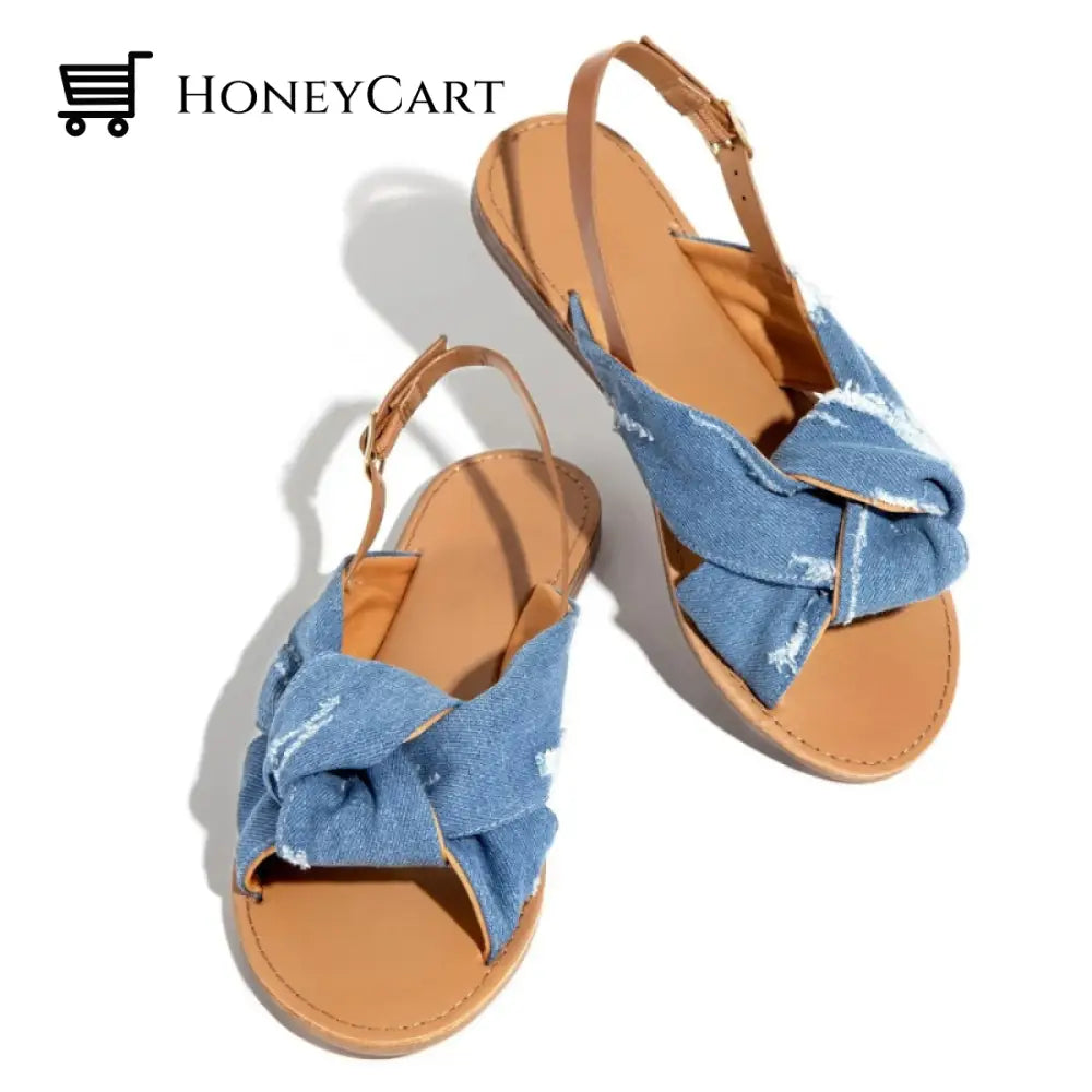 Leopard Print Bowknot Flat Heel Sandals For Women 4.5 / Denim