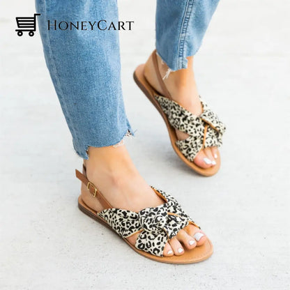 Leopard Print Bowknot Flat Heel Sandals For Women