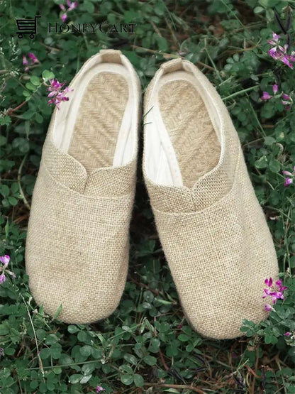 Linen Simple Couple Slippers Beige / 35