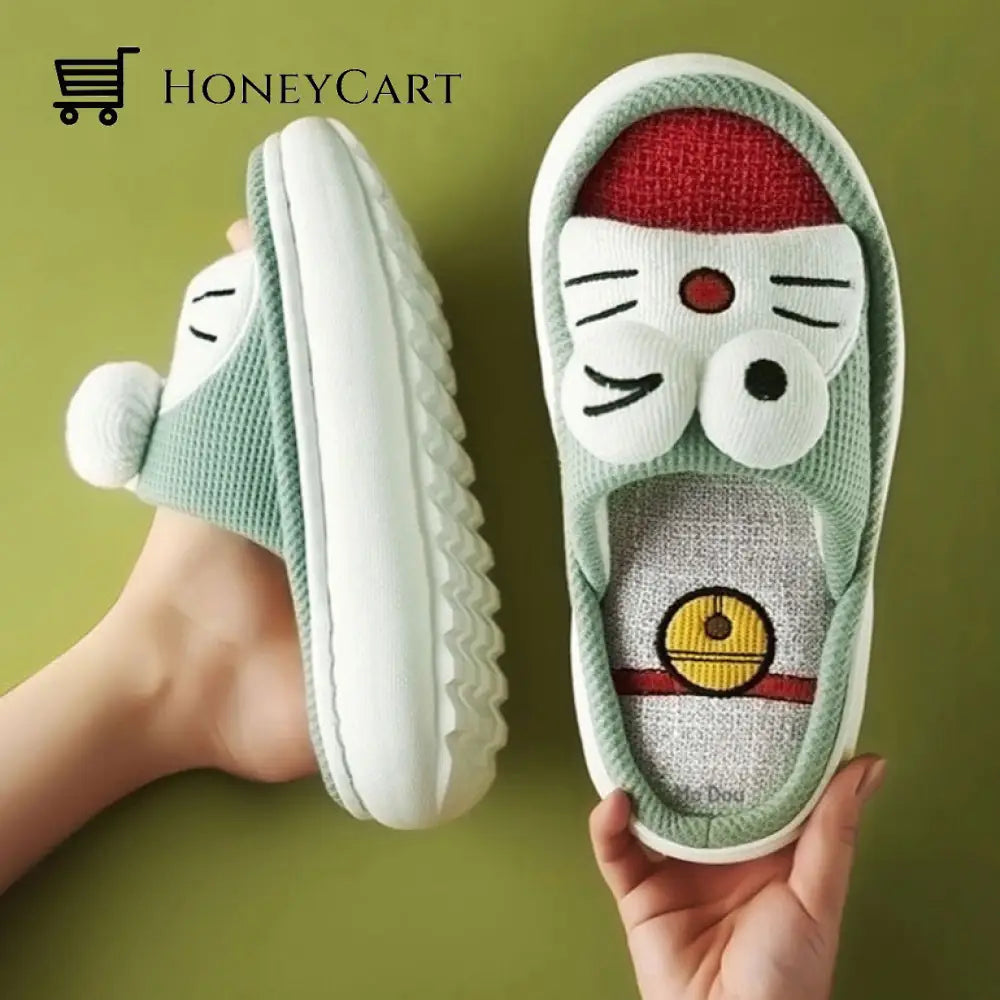 Linen Slippers Green Cat / Uk 3 | Us 5 Eu 36