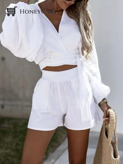 Linen V-Neck Bandage Top And Shorts Solid Lantern Sleeve Loose Straight Sets Outfit For Women