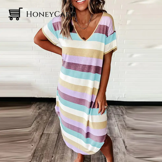 Loose Striped V-Neck Short Sleeve Maxi Dress Purple / S Dresses