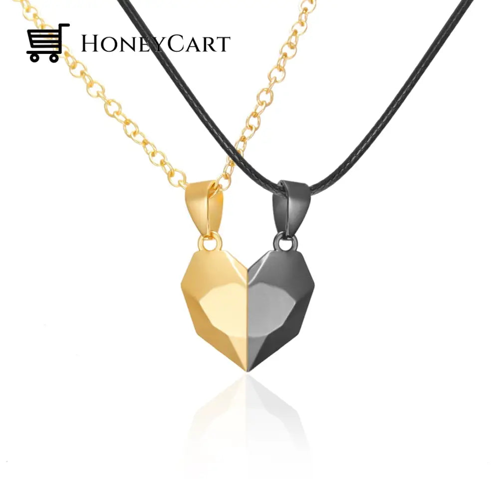 Magnetic Abstract Heart Couples Necklace Gold Black Necklaces