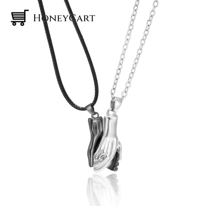 Magnetic Abstract Heart Couples Necklace Hands Black Silver Necklaces