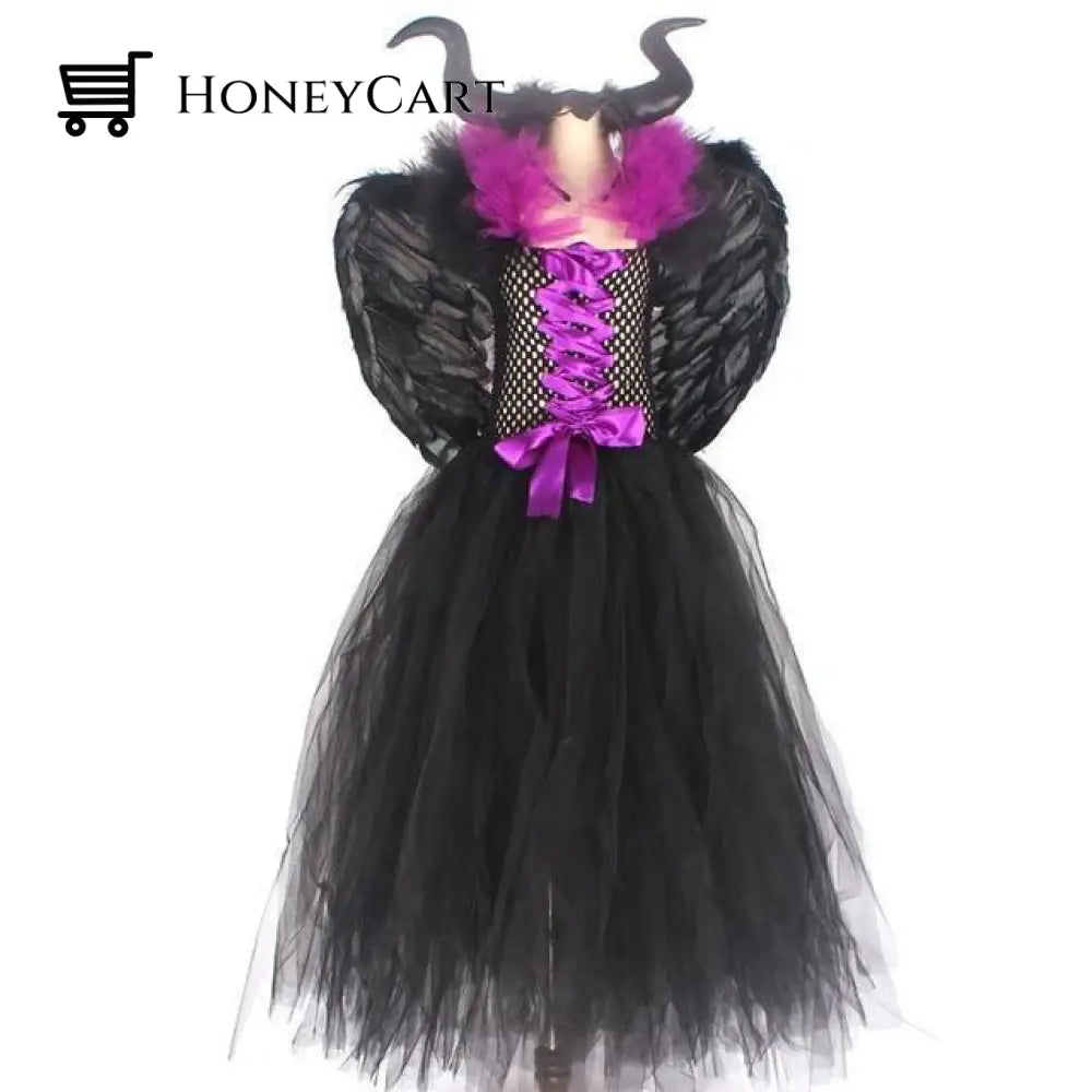 Maleficent Evil Queen Gown With Horns &Amp; Wings Fancy Dress Costume Girls Halloween 2021
