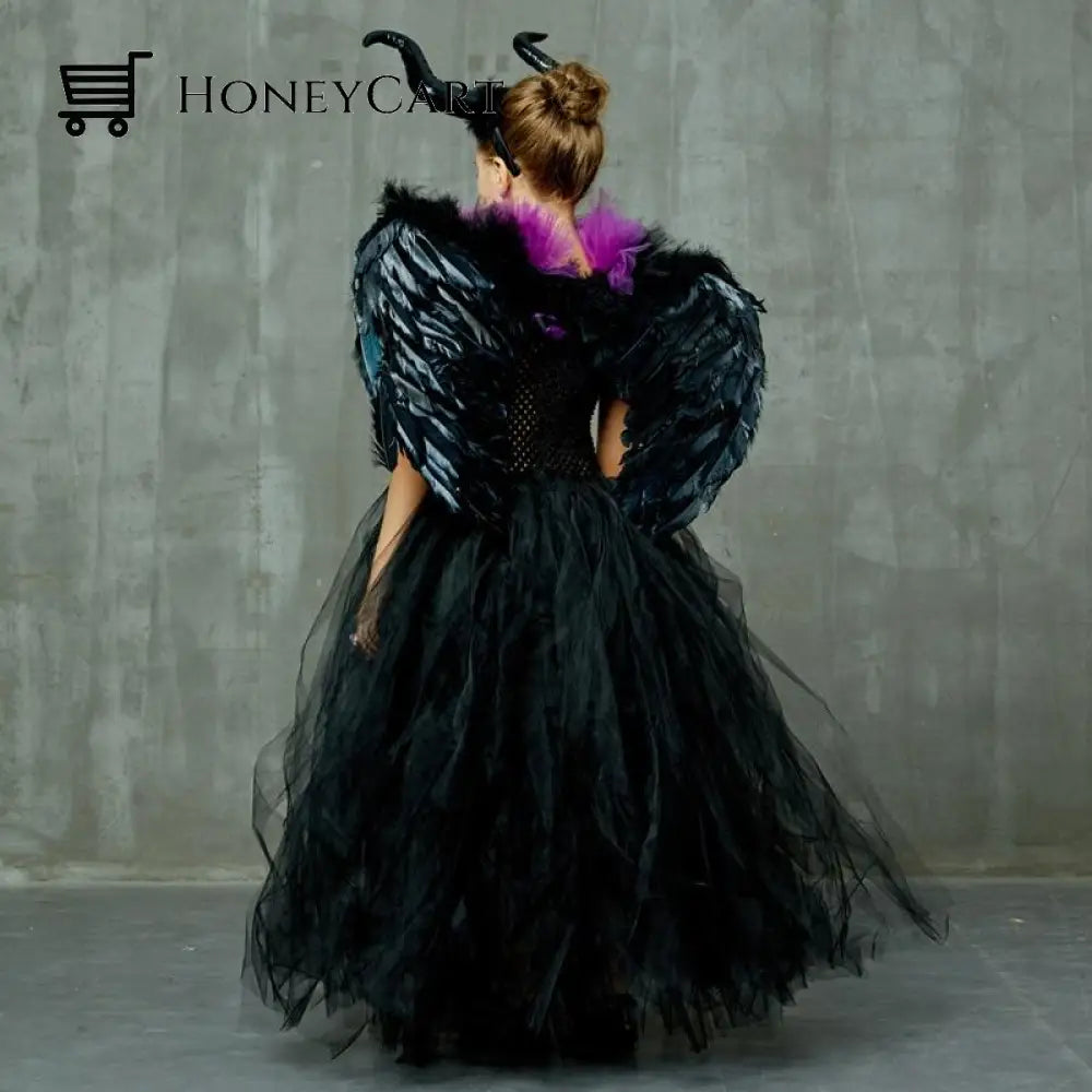 Maleficent Evil Queen Gown With Horns &Amp; Wings Fancy Dress Costume Girls Halloween 2021