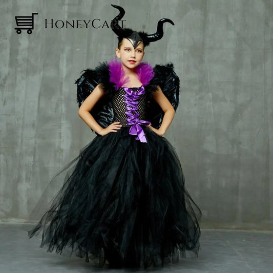 Maleficent Evil Queen Gown With Horns &Amp; Wings Fancy Dress Costume Girls Halloween 2021